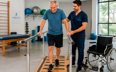 Sessão de reabilitação com exercícios no solo e bola